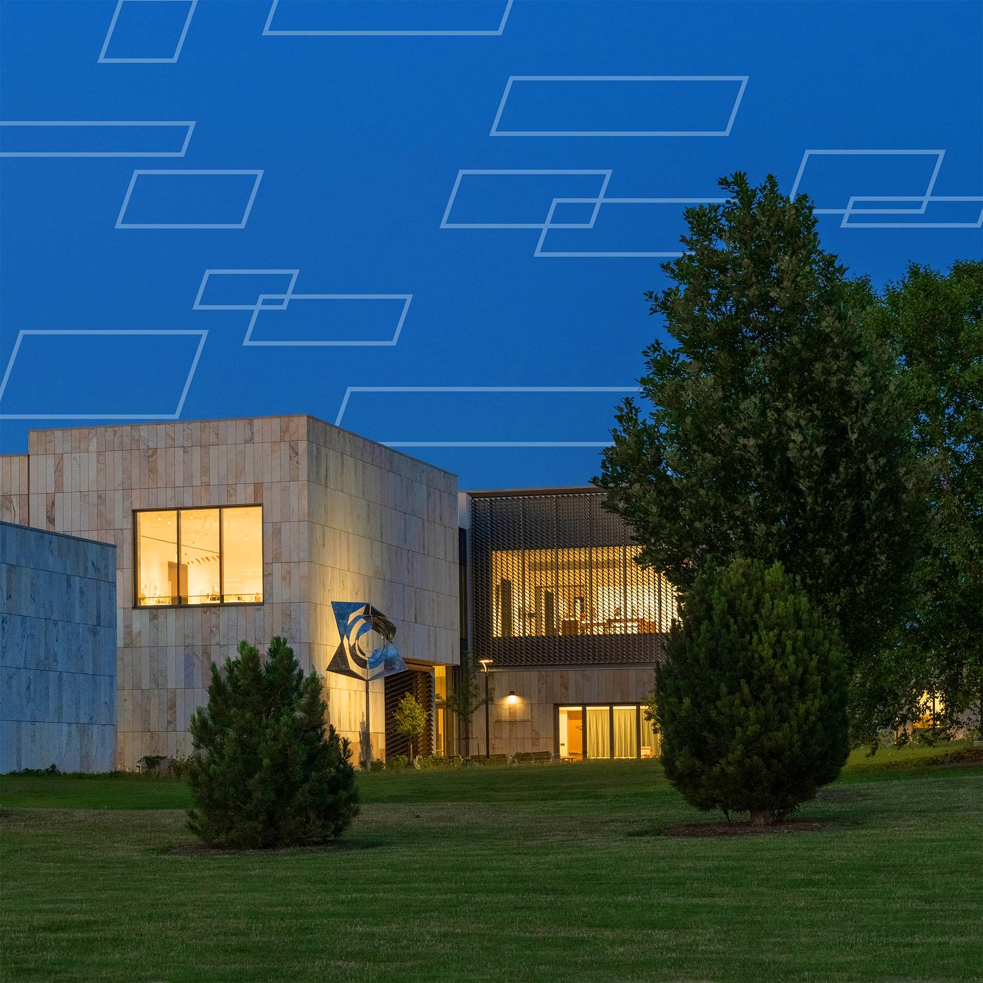 Outdoor evening photo of the Palmer Museum of Art