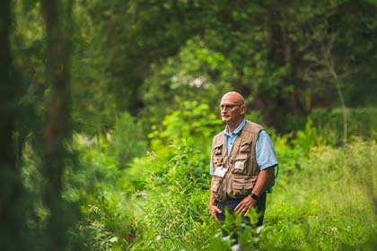Man in fly fishing gear near creek surrounded by trees.